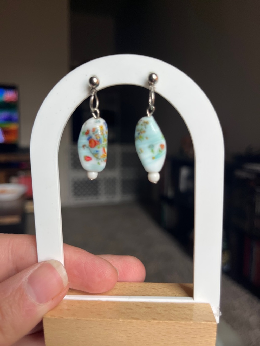 Vintage porcelain hand painted Floral Glass Drop Earrings